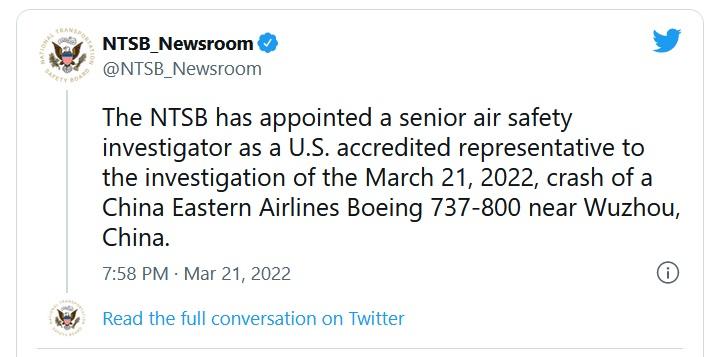 oświadczenie NTSB w sprawie katastrofy China Eastern Airlines