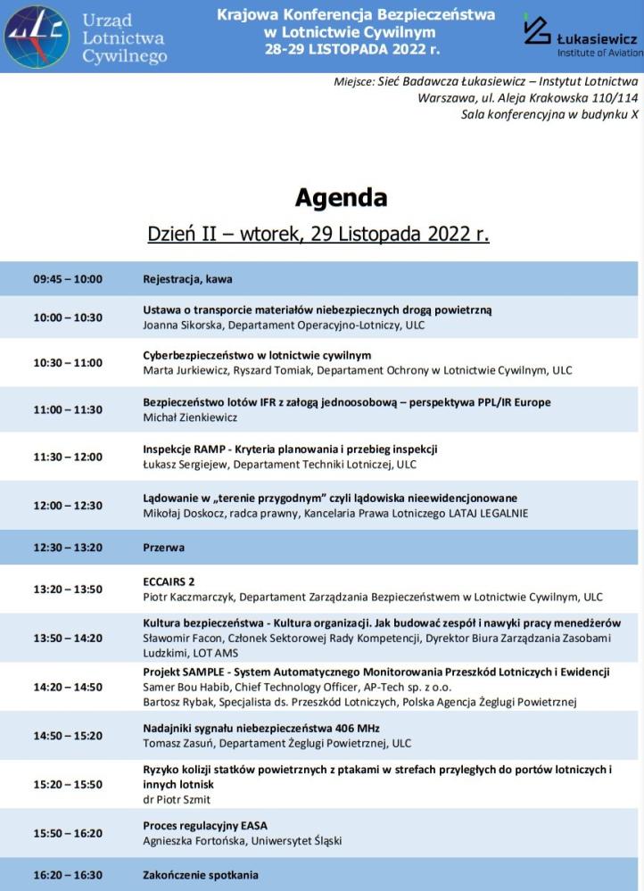 Krajowa Konferencja Bezpieczeństwa w Lotnictwie Cywilnym - 28-29.11.2022 - Agenda2