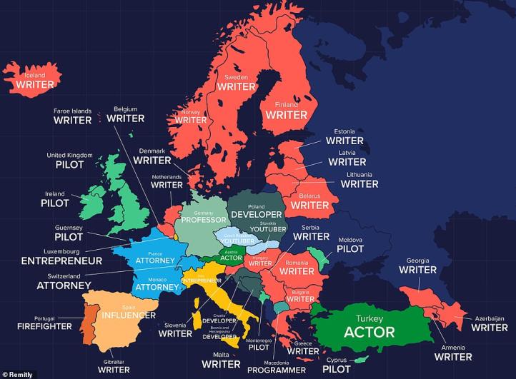 Mapa świata wizualizująca najpopularniejsze zawody w poszczególnych krajach