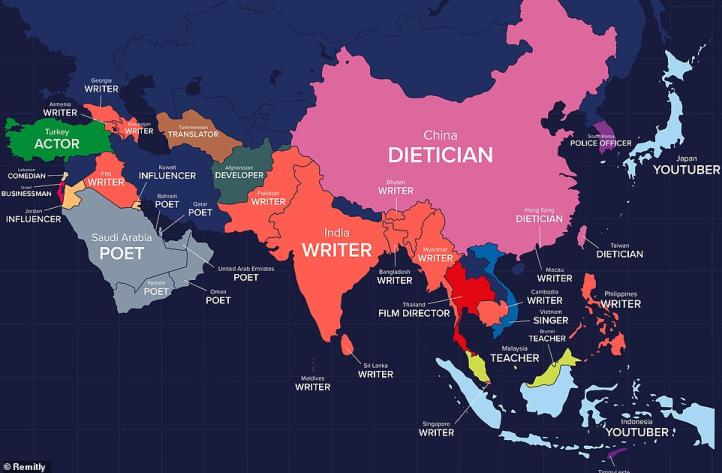 Mapa świata wizualizująca najpopularniejsze zawody