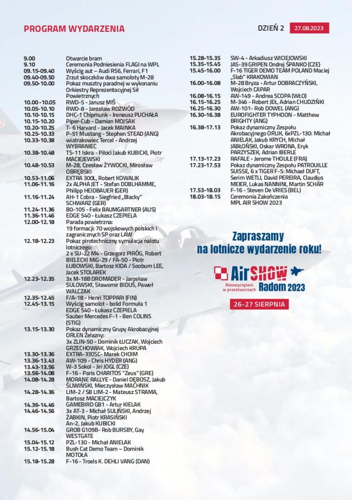 Air Show Radom 2023 - program - dzień 2