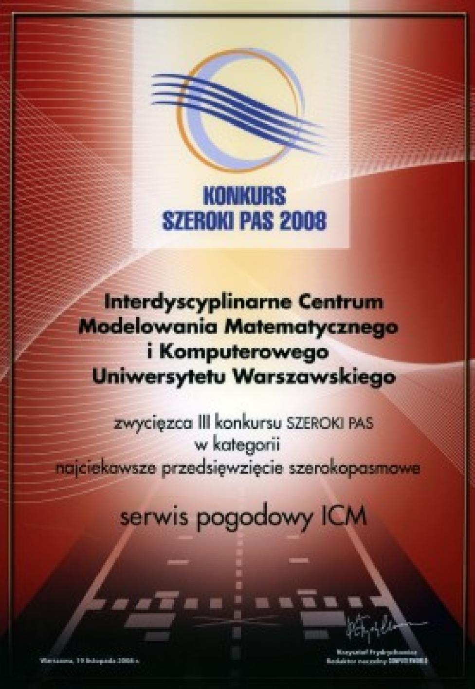 Konkurs Szeroki Pas 2008 - dyplom za serwis pogodowy ICM