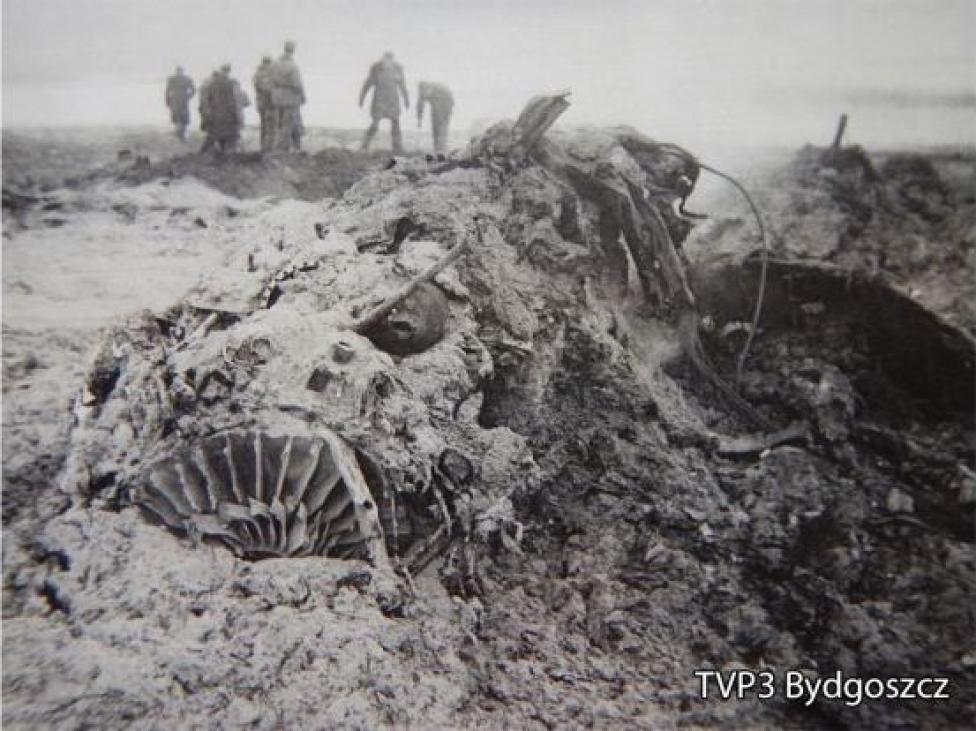 Wrak bombowca Ił-28, który rozbił się 11 grudnia 1969 roku w Giebni koło Pakości (fot. TVP3 Bydgoszcz)