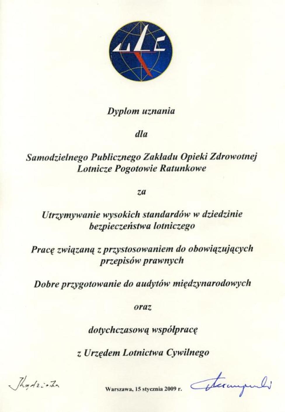 Dyplom dla SP ZOZ Lotnicze Pogotowie Ratunkowe