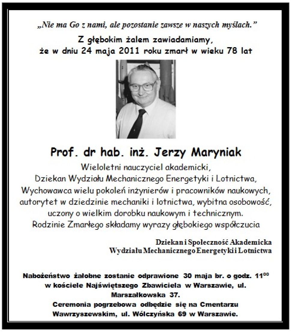 Jerzy Maryniak - nekrolog. Źródło: http://www.meil.pw.edu.pl/