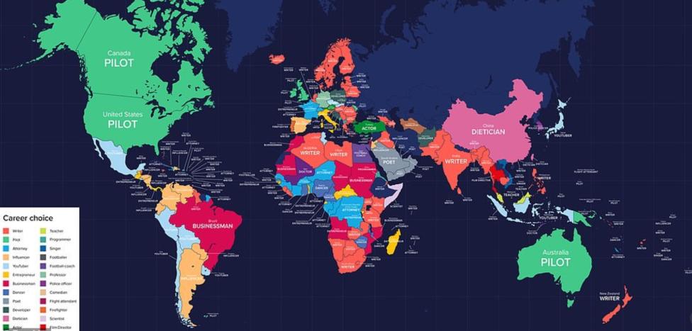 Mapa świata wizualizująca najpopularniejsze zawody w danych krajach