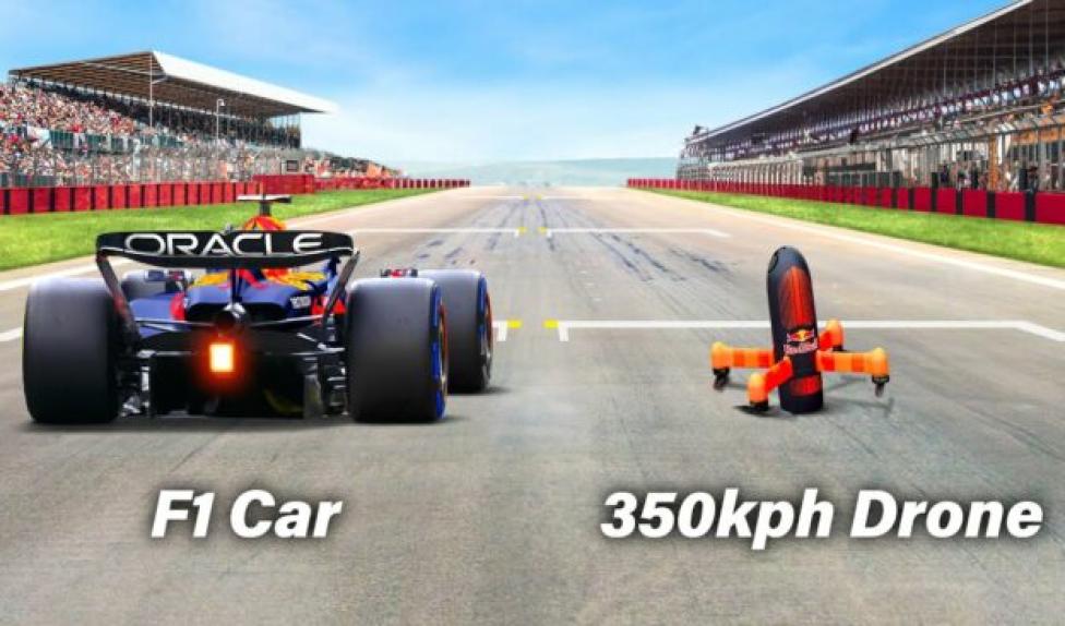 Bolid Formuły 1 i najszybszy dron świata (fot. kadr z filmu na youtube.com)