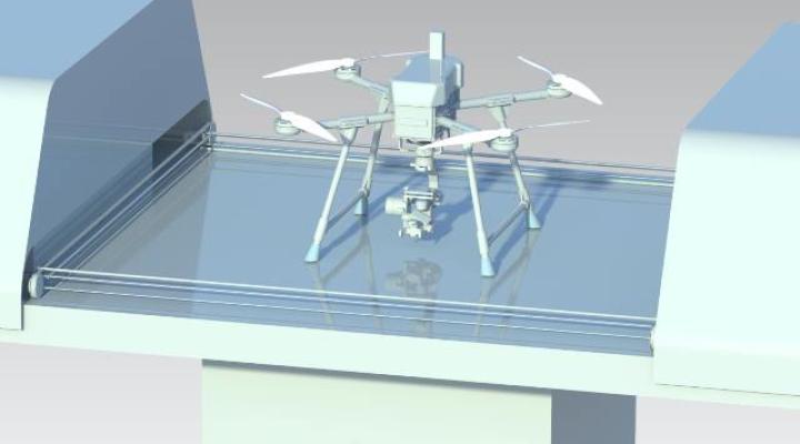 Wizualizacja stacji dokująco-ładującej drona (fot. Wydział Mechaniczny Energetyki i Lotnictwa PW)