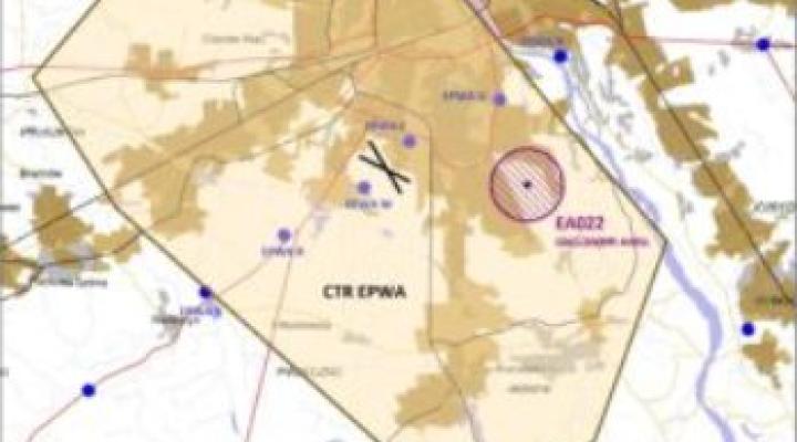 Ograniczenia lotów w strefie EA22 (Warszawa-Powsin) w dniu 11.11.2016 r. - mapa