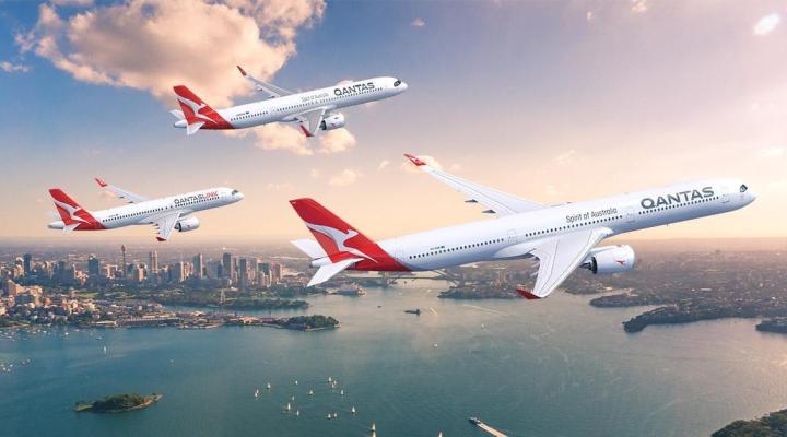 Flota samolotów A350-1000, A220 i A321XLR linii Qantas w locie (fot. Airbus)
