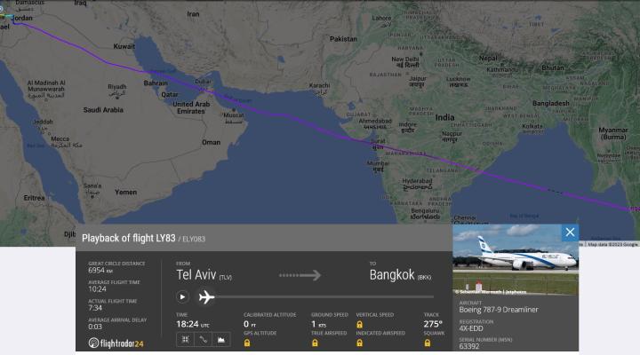 Trasa lotu LY083 z 26 lutego z wykorzystaniem przestrzeni powietrznej Arabii Saudyjskiej i Omanu