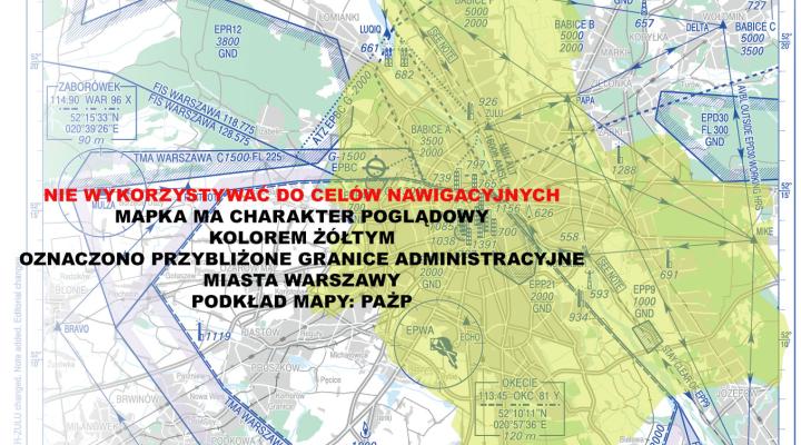 Przybliżone granice administracyjne m.st. Warszawy i trasy VFR