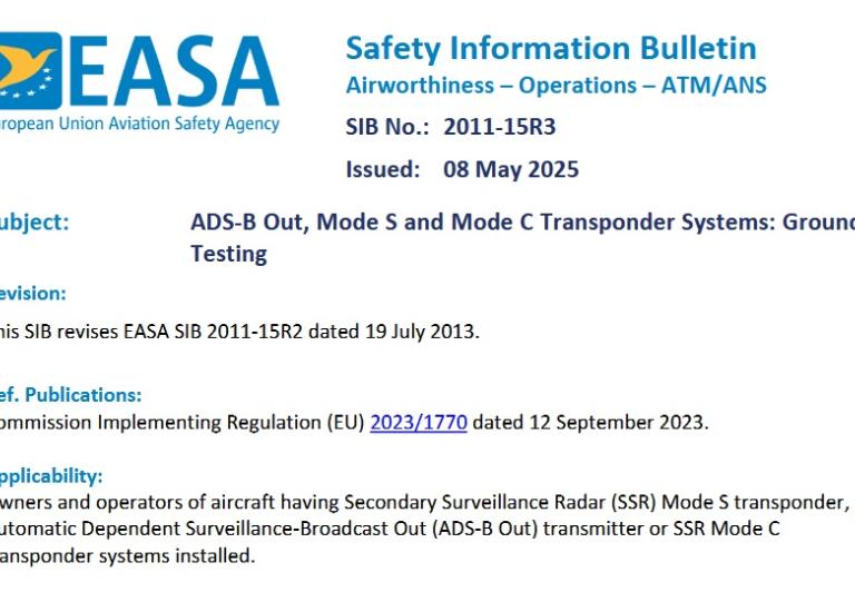Systemy transponderów ADS-B Out, Mode S i Mode C - biuletyn bezpieczeństwa zdatności do lotu EASA