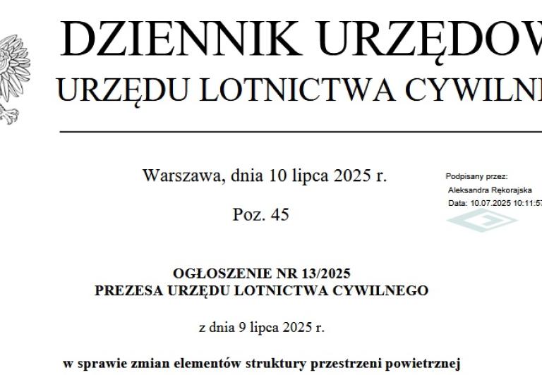 Ogłoszenie Prezesa ULC w sprawie zmian elementów struktury przestrzeni powietrznej