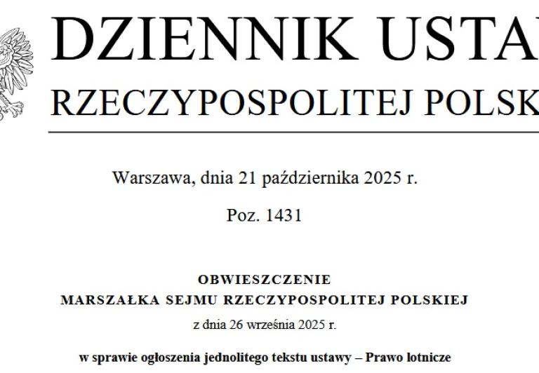 Obwieszczenie Marszałka RP w sprawie ogłoszenia jednolitego tekstu ustawy – Prawo Lotnicze