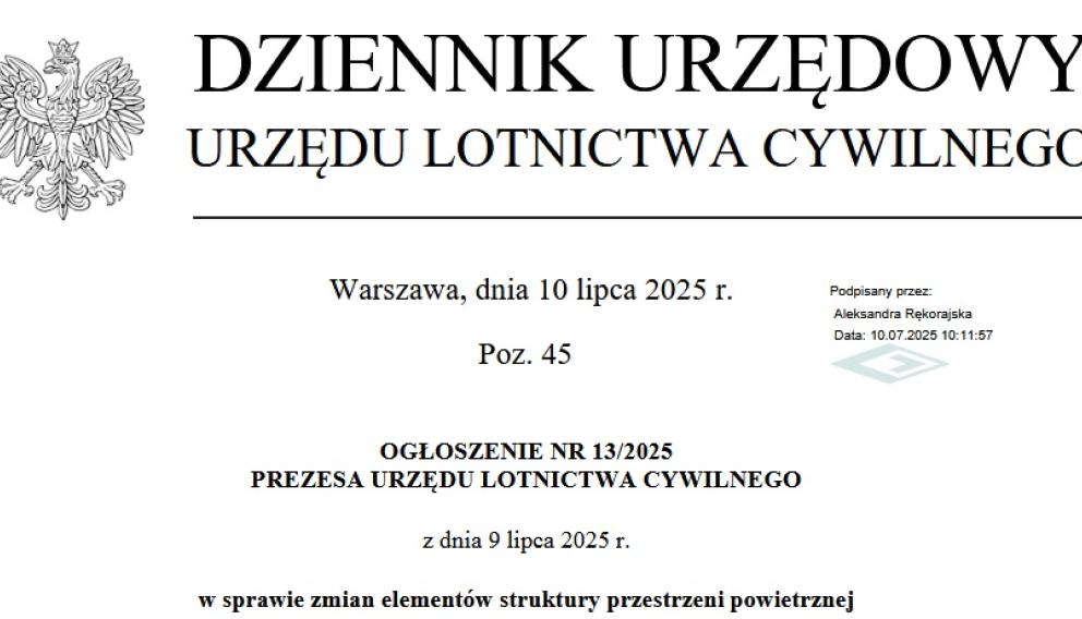 Ogłoszenie Prezesa ULC w sprawie zmian elementów struktury przestrzeni powietrznej