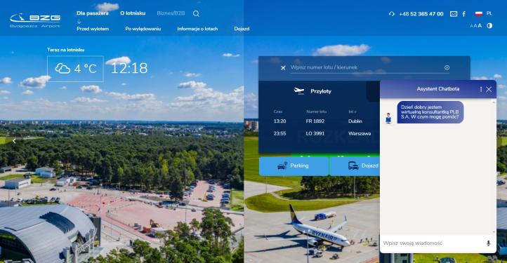 Chatbot na stronie internetowej Portu Lotniczego Bydgoszcz (fot. plb.pl)