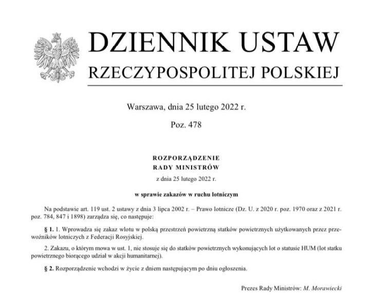 Rozporządzenie Rady Ministrów 478 w sprawie zakazu lotów rosyjskich samolotów nad Polską