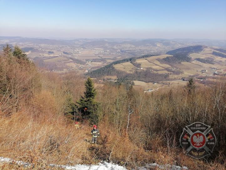 Akcja ratunkowa po upadku paralotniarza w miejscowości Skrzętla (fot. OSP w Tęgoborzy)