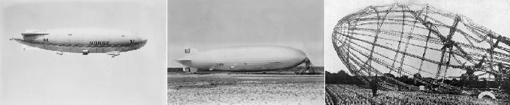 Półszkieletowy sterowiec N1 Norge; Szkieletowy sterowiec LZ-129 Hindenburg; Wrak niemieckiego sterowca zestrzelonego nad Anglią w 1916 roku (fot. Domena publiczna/Wikimedia Commons)