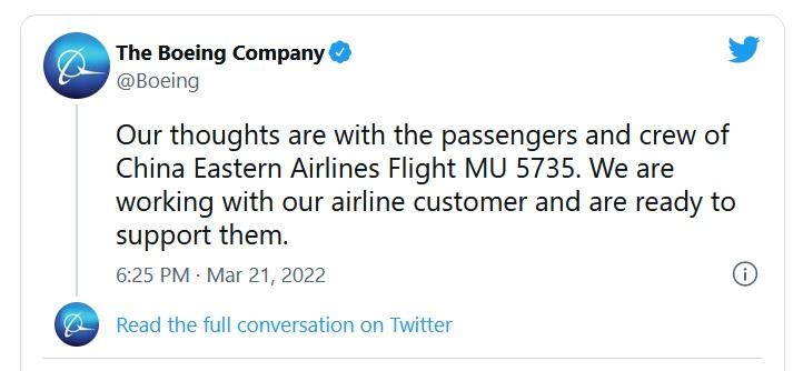 oświadczenie Boeinga w sprawie katastrofy China Eastern Airlines.