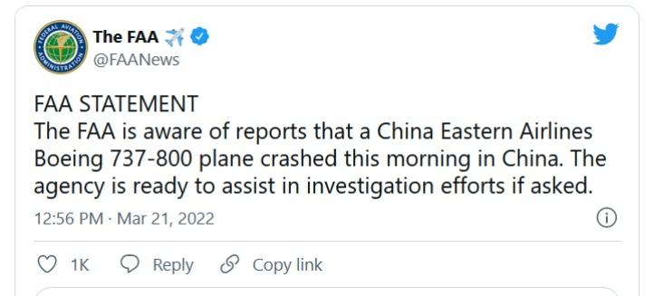 oświadczenie FAA w sprawie katastrofy China Eastern Airlines