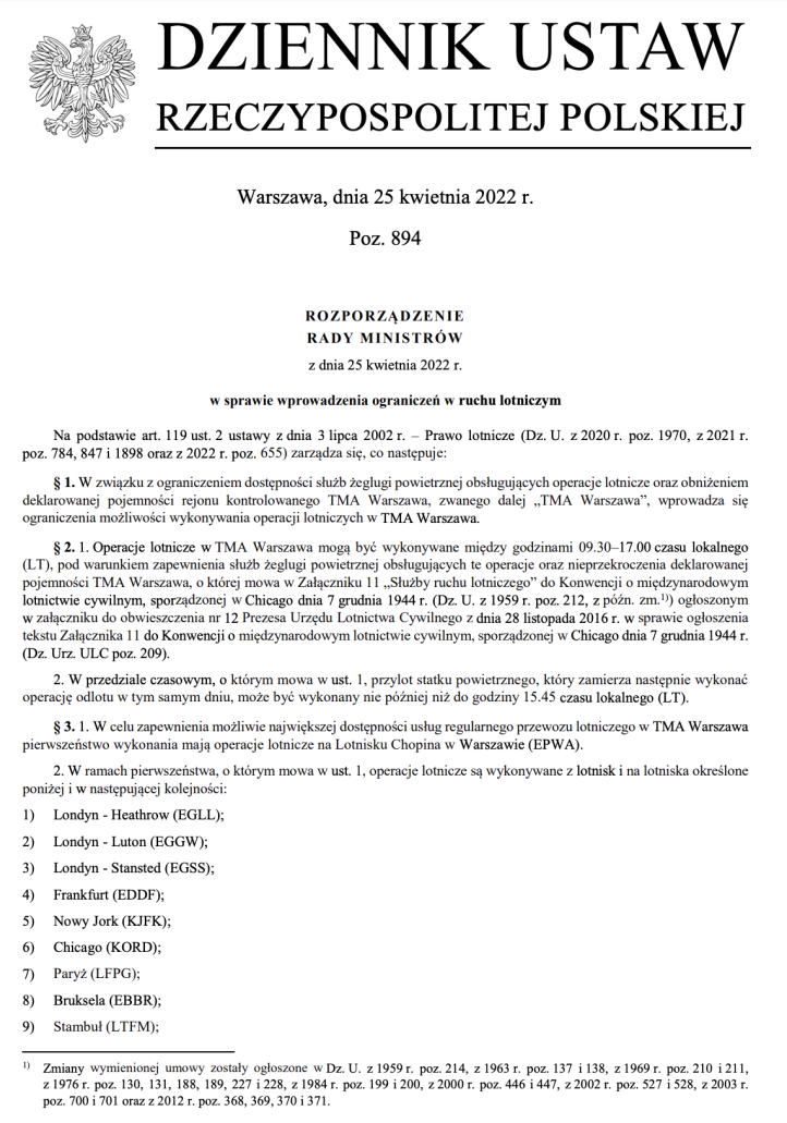 Rozporządzenie Rady Ministrów 894 w sprawie ograniczeń lotów w związku z konfliktem w PAŻP. Część I