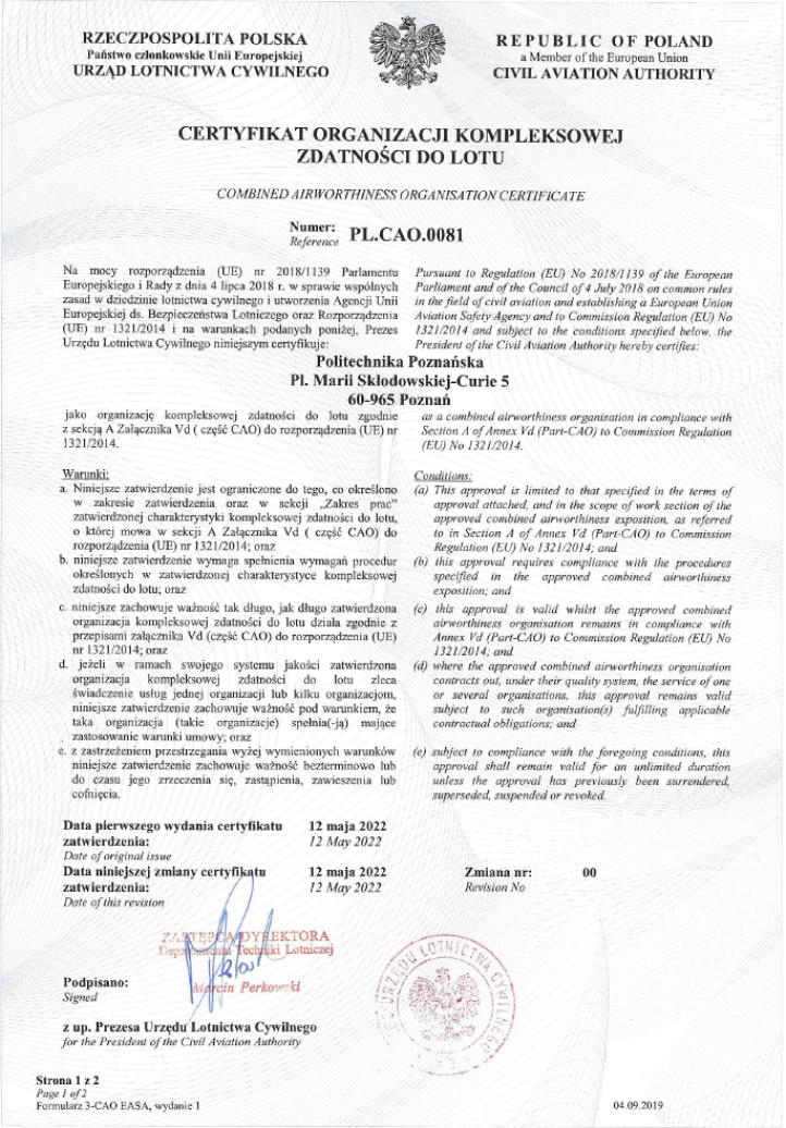 Certyfikat Organizacji Kompleksowej Zdatności do Lotu o nr PL.CAO.0081 dla Politechniki Poznańskiej (fot. Politechnika Poznańska)