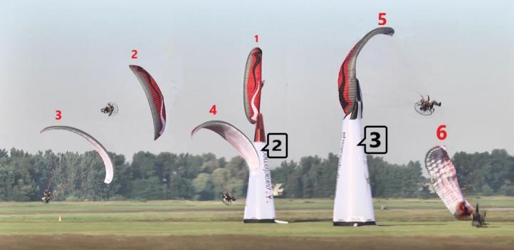 Na ilustracji przedstawiono poklatkowo ostatnią fazę lotu – zakręt wokół pylonu nr 2 i zderzenie z pylonem nr 3 (fot. rejestracja filmowa przelotu)
