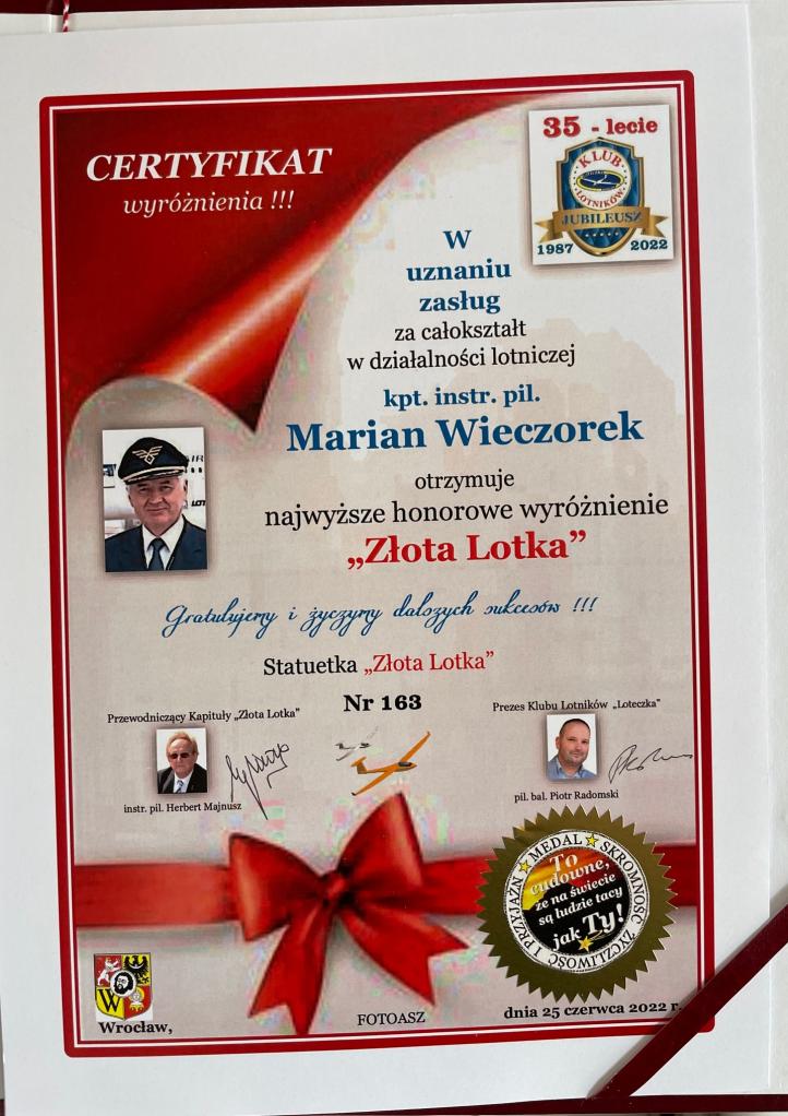 Złota Lotka dla Mariana Wieczorka - dyplom (fot. Aeroklub Krakowski)