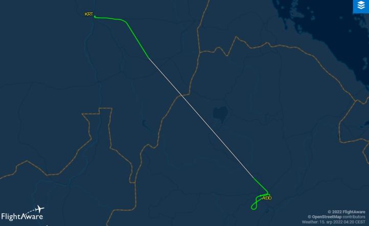 Wizualizacja lotu Ethiopian Airlines na portalu Flightaware