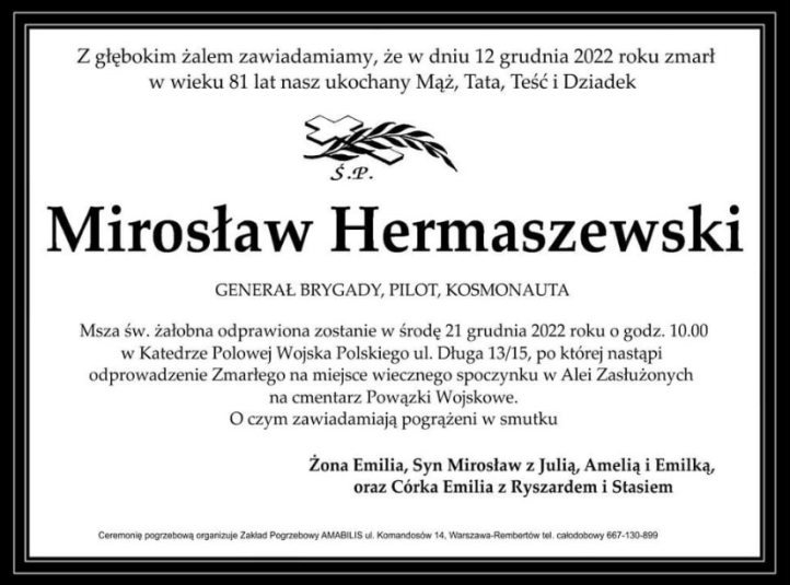 Mirosław Hermaszewski - nekrolog