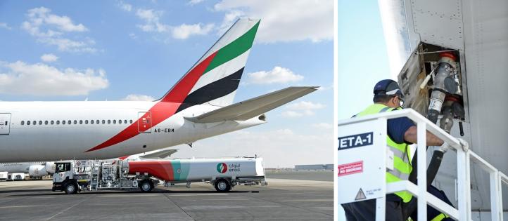 Boeing 777-300ER linii Emirates - tankowanie paliwem 100% SAF (fot. Emirates)