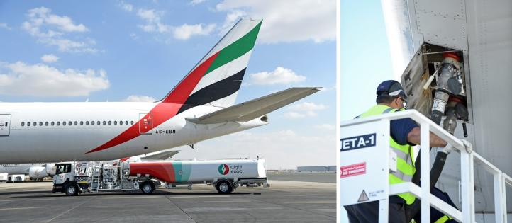 Boeing 777-300ER linii Emirates - tankowanie paliwem 100% SAF (fot. Emirates)