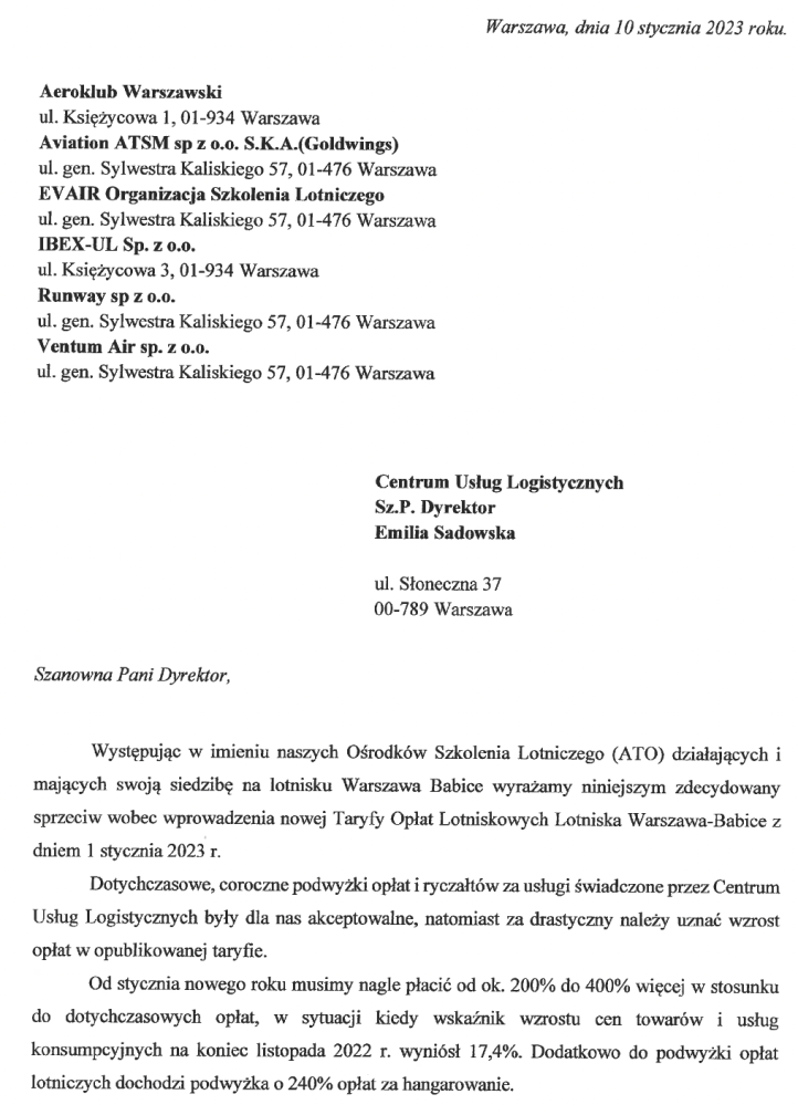 Pismo użytkowników lotniska EPBC do CUL w związku z drastyczną podwyżką opłat lotniskowych 1