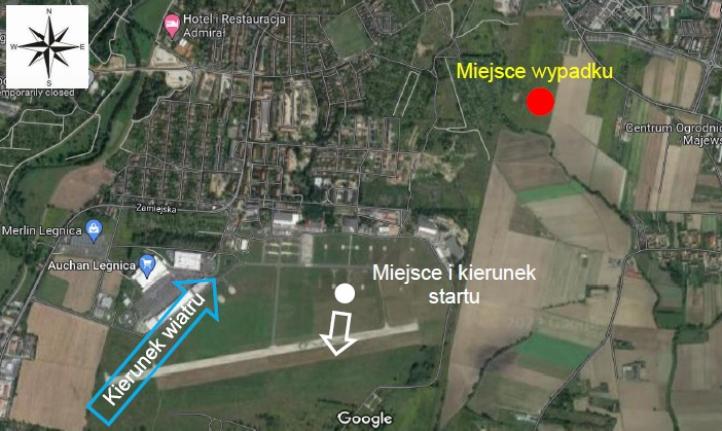 Wypadek motoparalotni w Legnicy - szkic sytuacyjny miejsca zdarzenia w odniesieniu do miejsca startu