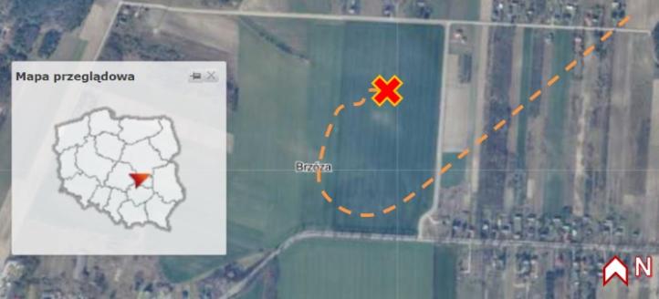 Miejsce lądowania – zaznaczono prawdopodobny tor lotu w trakcie podejścia do terenu, fot. PKWBL