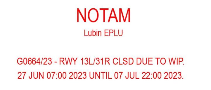 Notam dla lotniska Lubin (EPLU) dot. pasa utwardzonego (fot. Aeroklub Zagłębia Miedziowego)