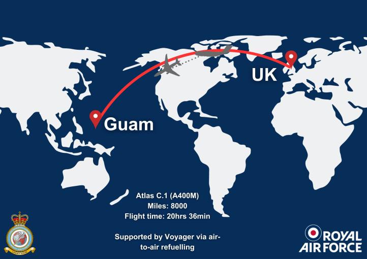 Trasa A400M RAF-u bez międzylądowania z Wielkiej Brytanii na Guam (fot. Royal Air Force, Twitter)