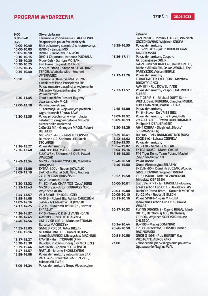 Air Show Radom 2023 - program - dzień 1