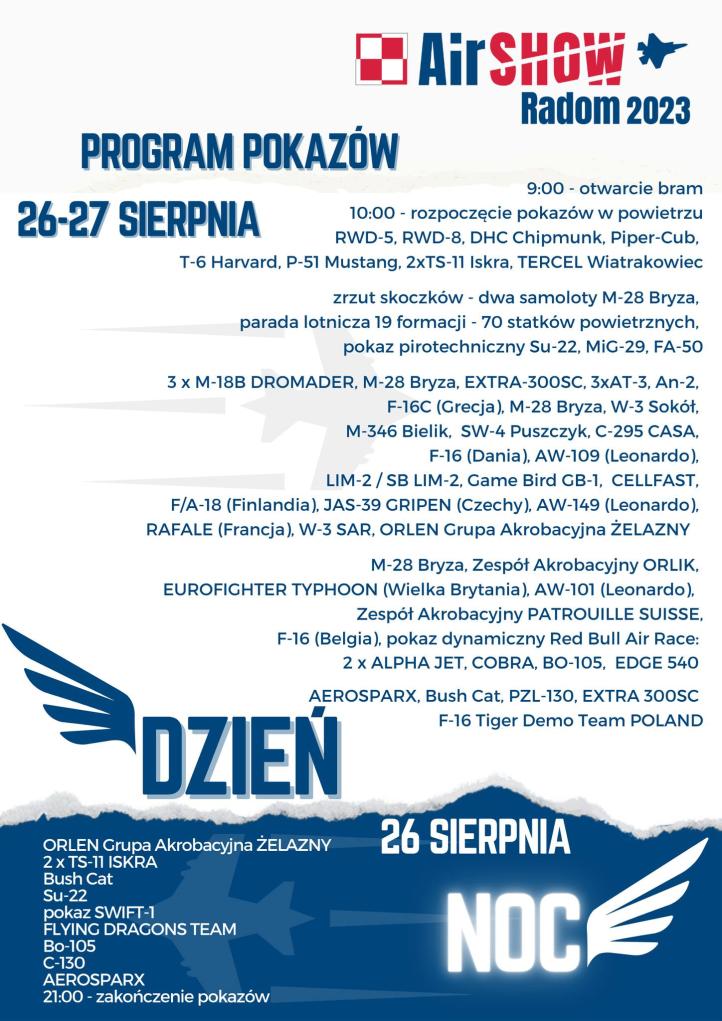 Ogólny program pokazów w powietrzu Air Show Radom 2023 (fot. Agencja Mienia Wojskowego)