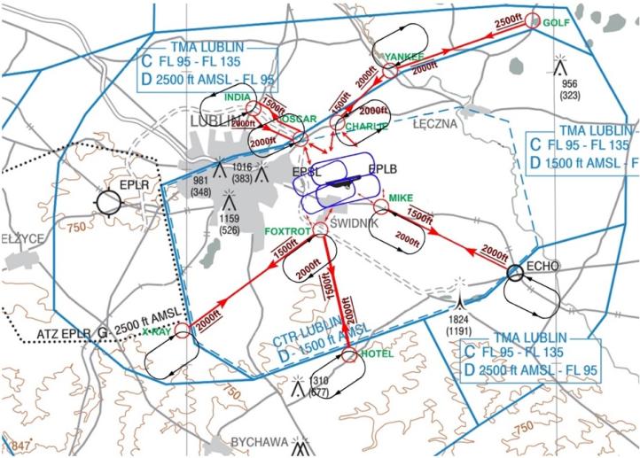 Mapa proponowanych tras opartych na nowych punktach VFR dla lotniska Lublin