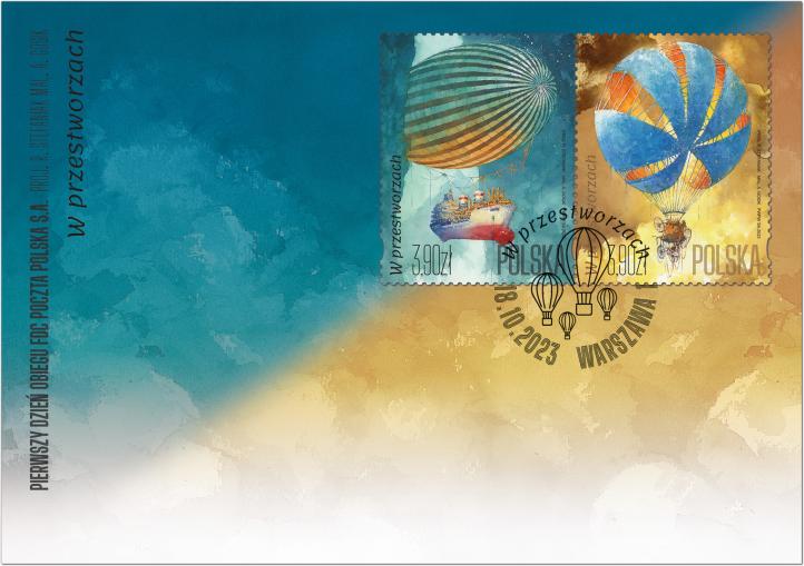Dwa znaczki emisji "W przestworzach" na karcie pocztowej ze stemplem okolicznościowym (fot. Poczta Polska)