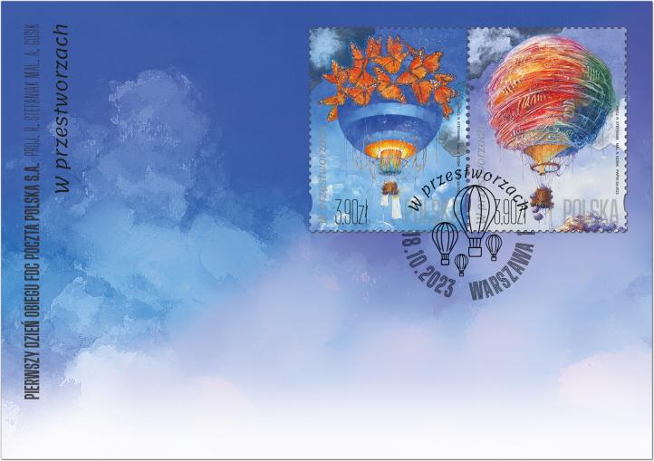 Dwa znaczki emisji "W przestworzach" na karcie pocztowej ze stemplem okolicznościowym (fot. Poczta Polska)2