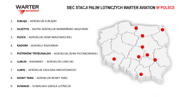 Mapka z dziewięcioma stacjami paliw pod marką Warter Aviation (fot. Warter Aviation)