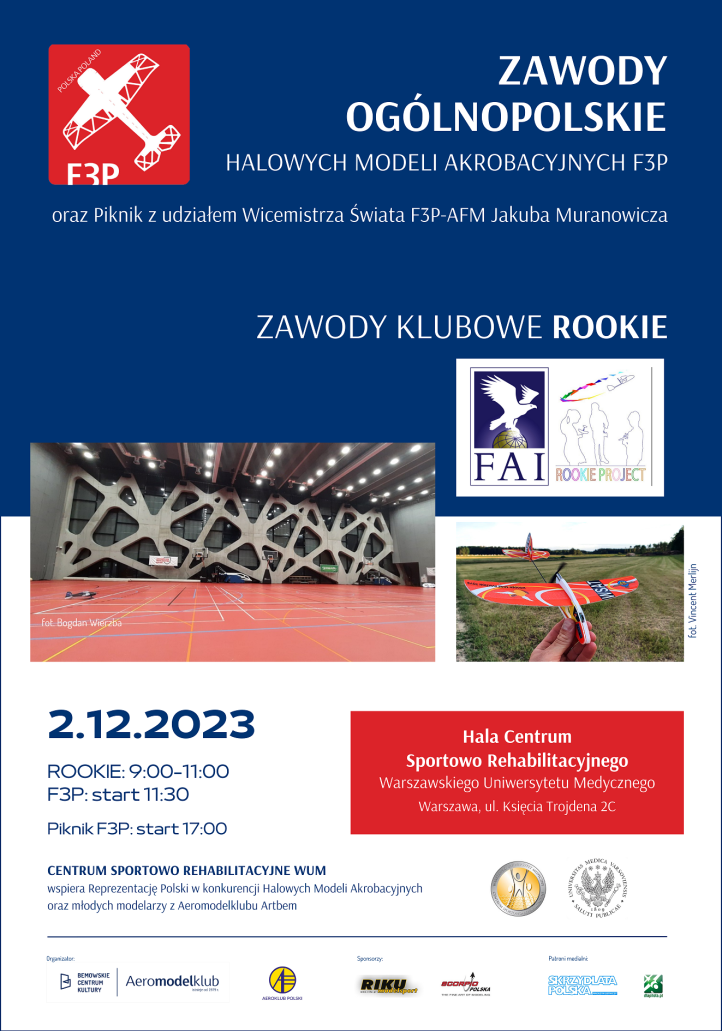 Zawody Ogólnopolskie Halowych Modeli Akrobacyjnych F3P 2023 - plakat (fot. Bogdan Wierzba, Vincent Merlijn)