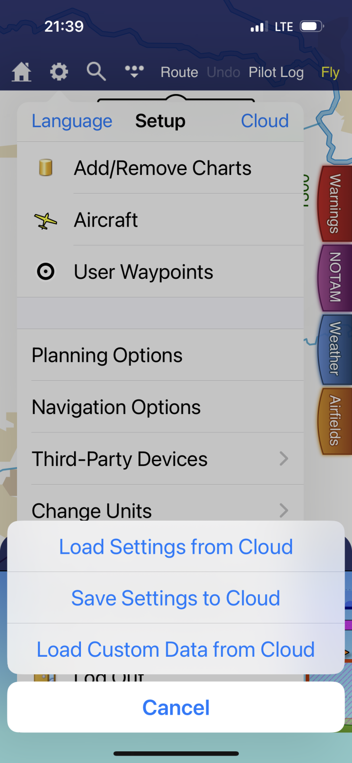 SkyDemon aplikacja mobilna. "Load Custom Data from Cloud"