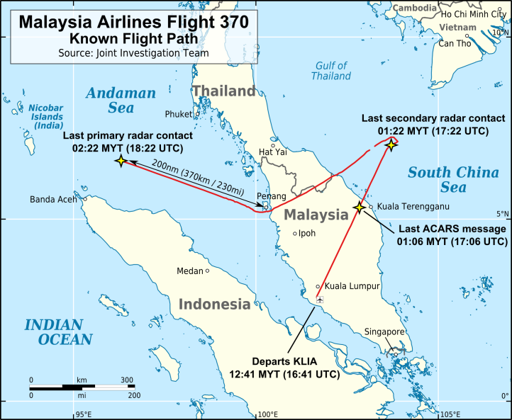 Tor lotu MH370 Malaysia Airlines uzyskany z danych radaru pierwotnego (fot. Andrew Heneen, CC BY 3.0, Wikimedia Commons)