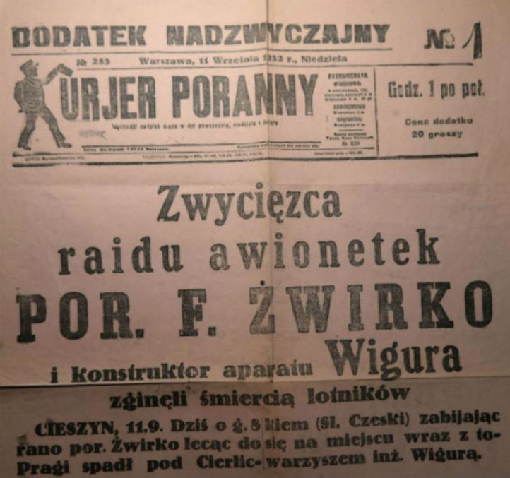 Kurier Poranny podaje informację o tragicznym wypadku Żwirki i Wigury