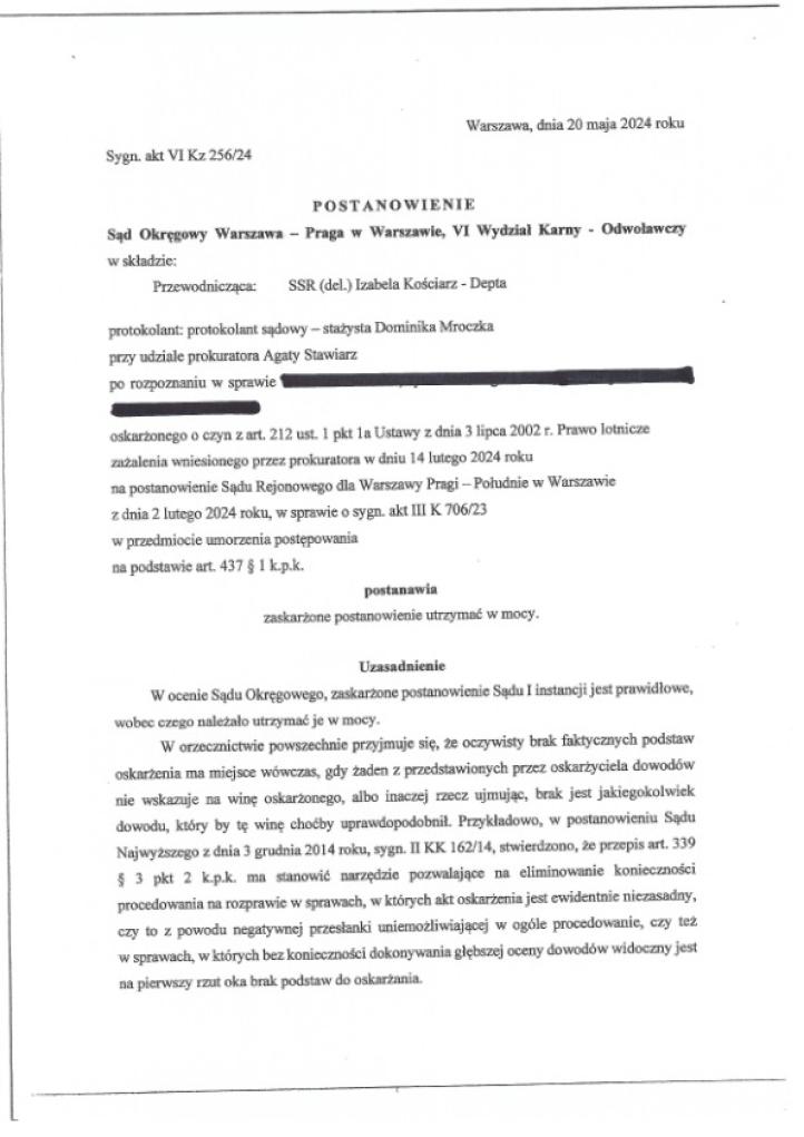 Postanowienie Sądu Okręgowego Warszawa-Praga, VI Wydziału Karnego - Odwoławczego